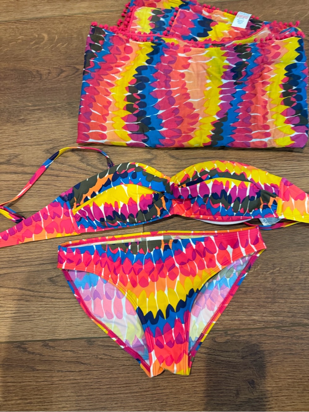 Boden 3pc Colorful Multi-Print Bikini Set -  Top & Hipster Bottoms w/sarong wrap